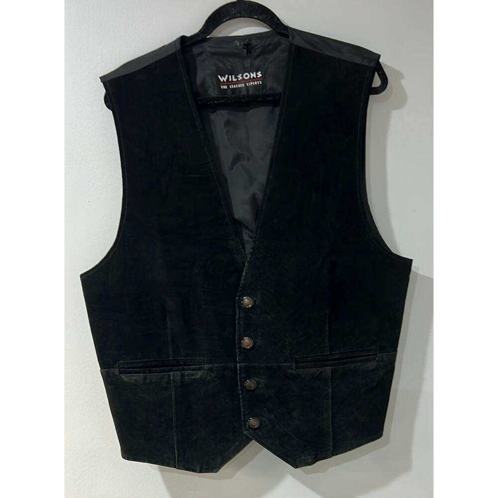 Vintage Wilsons Men's Black Leather Back Cinch Biker Motorcycle Vest Size XL